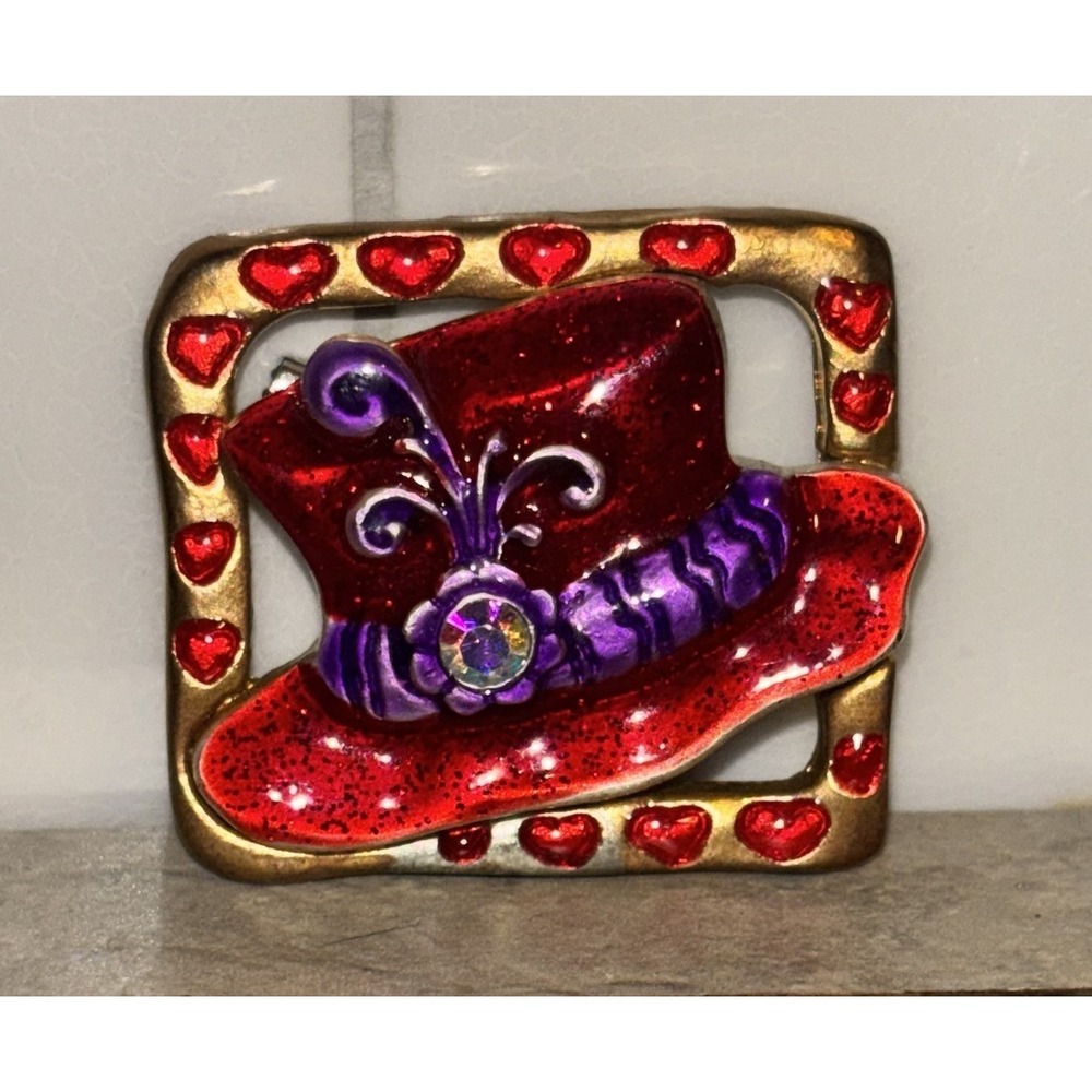 AJMC Pin Brooch Red Hat Society Purple Enamel Rhinestone Gold Heart Square